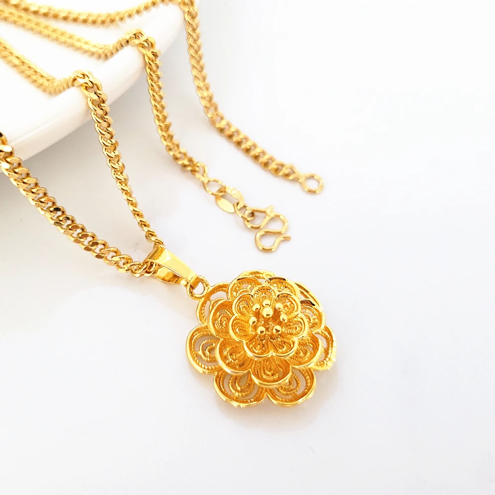 Yellow Gold Color Jewelry Sets For Women Flower Pendant Necklace Ring Earrings 3pcs Set Wedding Jewellery Accessories Bijoux