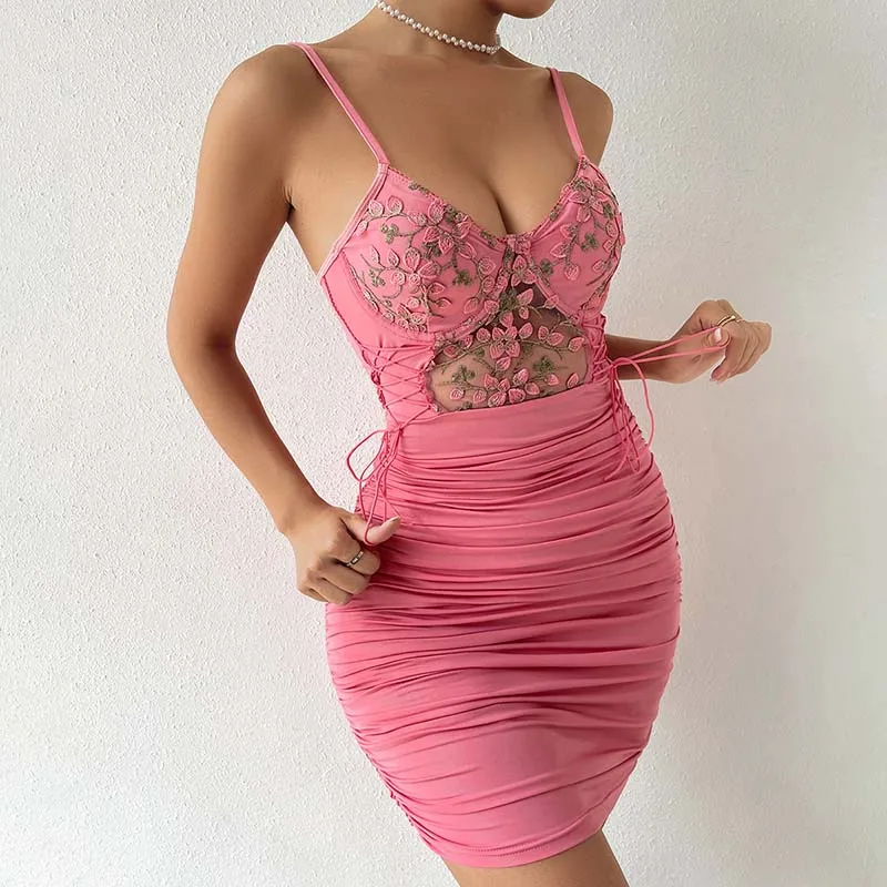 

Sexy Perspective Backless Suspender Pink Dress for Women Fashion V Neck Mesh Patchwork Spicy Girl Drawstring Wrap Hip Dresses