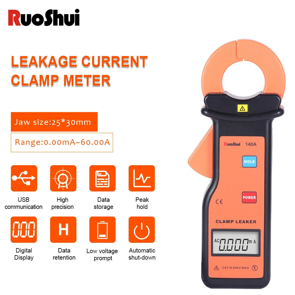 RuoShui 140A Digital Clamp Leaker High Accuracy Leakage Current Clamp Meter Measure Range 0.000mA～60.00A  LCD Automatic Tester