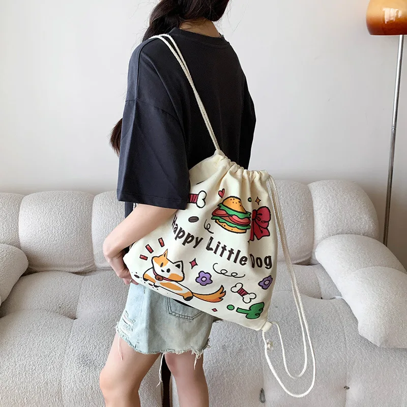 Canvas Bag for Women 25 New Model, Multi-Purpose Drawstring Pocket Large Capacity Canvas Bag Backpack Cute and Simple Cloth Bag