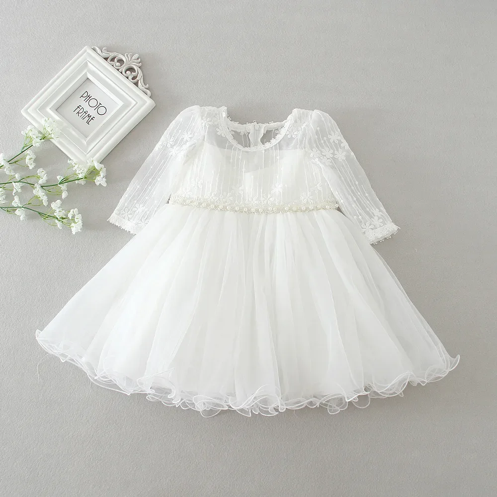 3,6,12,18,24 Months Long Sleeve Baby Girl Dress Infant Toddler Birthday Party Dress Little Girls White Wedding Dress Baptism