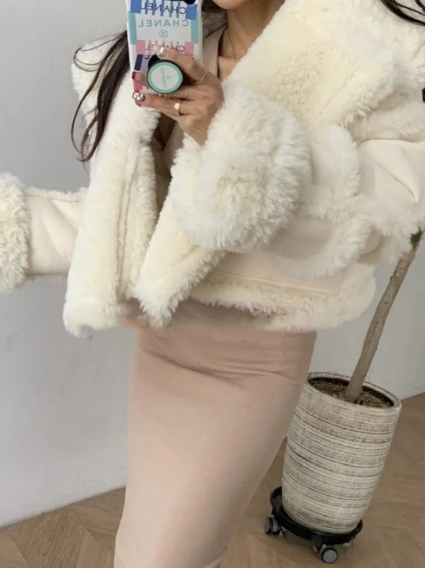 Winter New Faion Women's Jaet Lamb Fur Splicing Suede Leather Fur Inteated Warmth High-End Feel Outerwear Coat