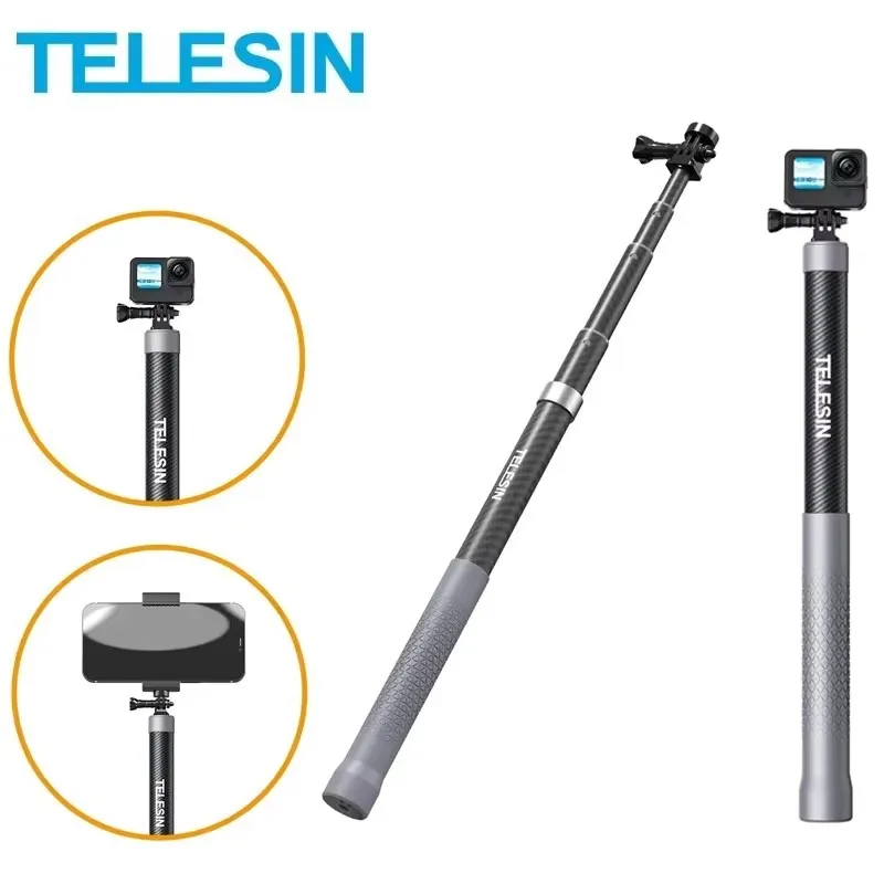 TELESIN 1.2m Carbon Fiber Selfie Stick Monopod Extendable + 1/4 Screw For GoPro 13 12 11 10 Insta360 X5 AcePro DJI Action 6 5pro