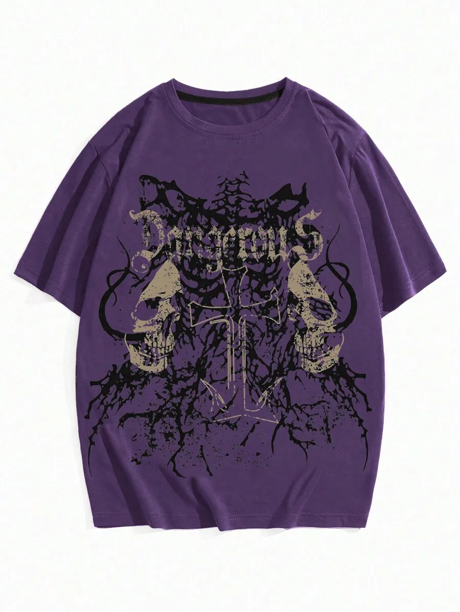 

Men Loose Casual Gothic Skull And Cross Print T-Shirt For Halloween 2000s Style