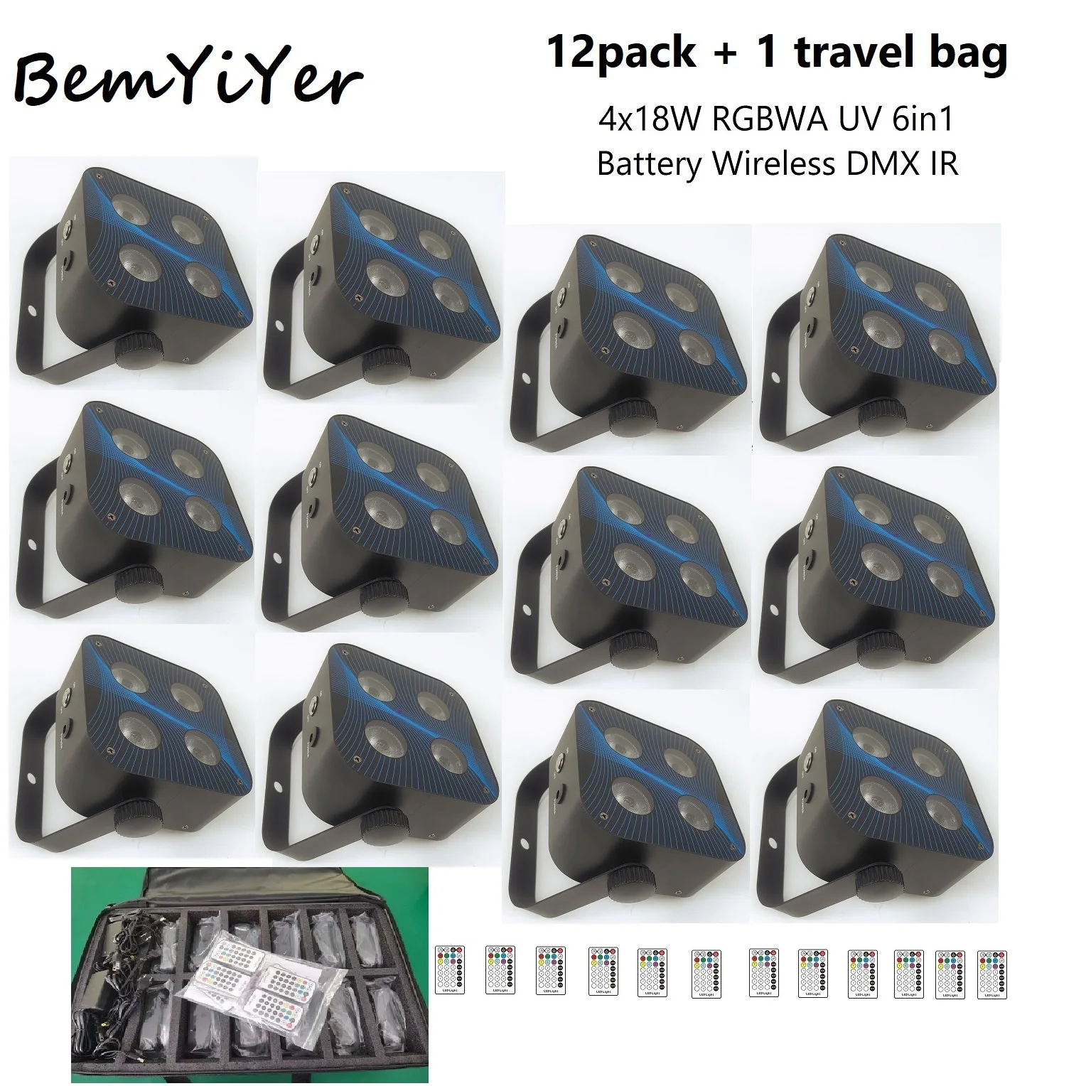 

Bemyiyer 12pack 4x18W Battery Wireless DMX DJ led Par Uplights bag for dj wedding IR/RGBWA+UV 6in1 stage effect lighting