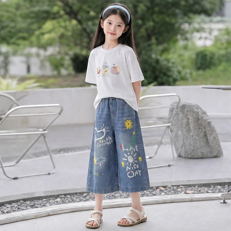 

New girls' summer jeans spring boys' shorts set children's printed T-shirt sports pants
