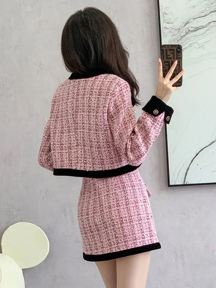 Autumn Winter Small Fragrance Tweed Two Piece Set Women Short Jacket Coat + Skirt Suits Korean 2 Piece Sets Women Outfit