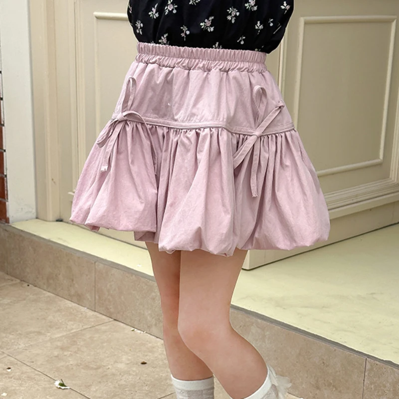 Gonna ragazza Vintage Half Dress Mini Bow Lantern gonna elastico in vita a-line Dressing Streetwear Solid Chirldren Clothes Summer