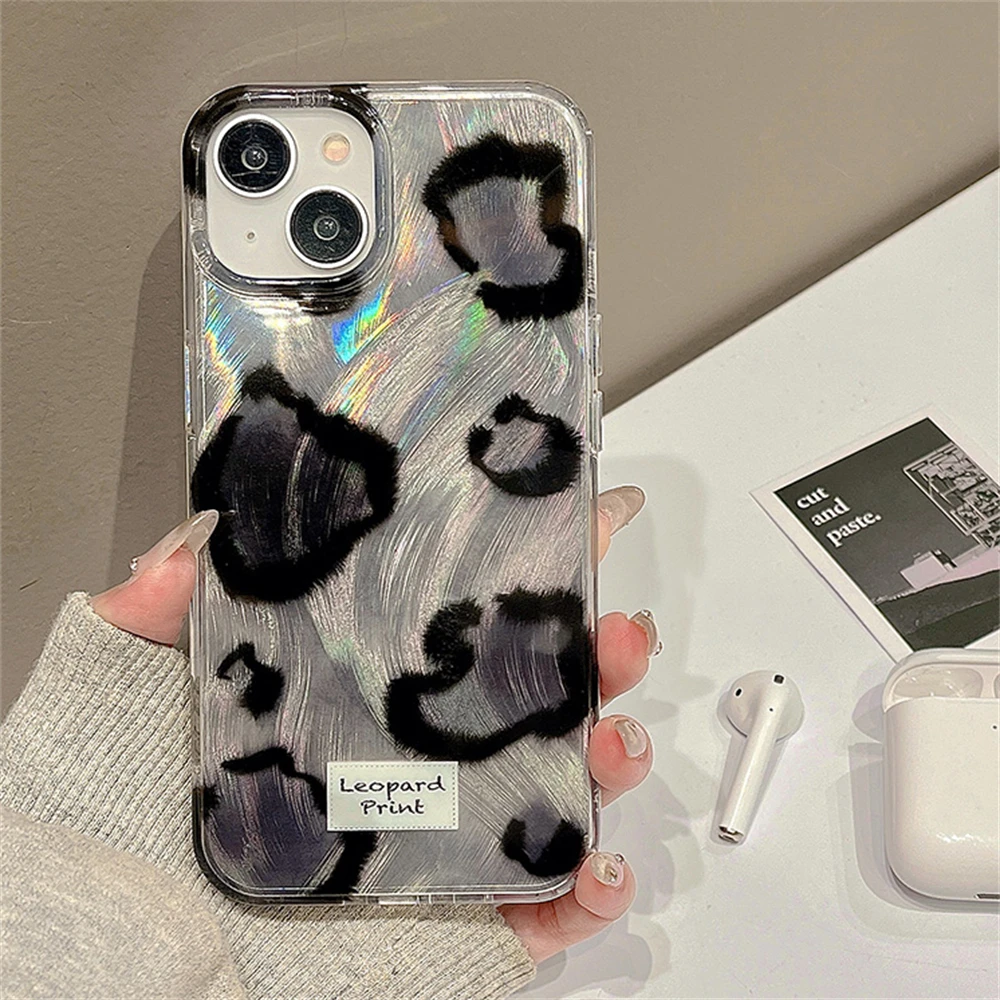 Korean Cute Leopard Print Feather Yarn Phone Case For Iphone 15 14 13 12 Pro Max 11 Animal Pattern Shockproof Soft Cover Funda F