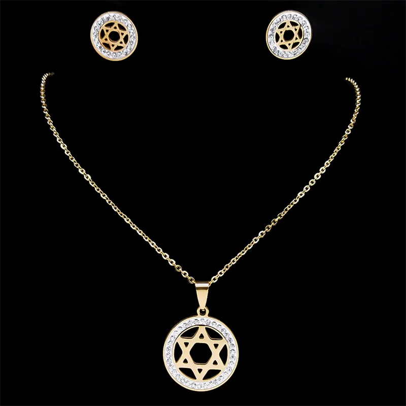 Jewish Star of David Shield Necklace Stud Earring Set for Women Rhinestone Stainless Steel Gold Color Judaism Hexagram Jewelry