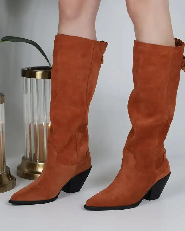 2026 Mid-Calf Boots For Women Fashion Pointed Toe High Heels Club Sexy Dance Shoes Brown Suede Back Zipper Female Boots 44 view 5