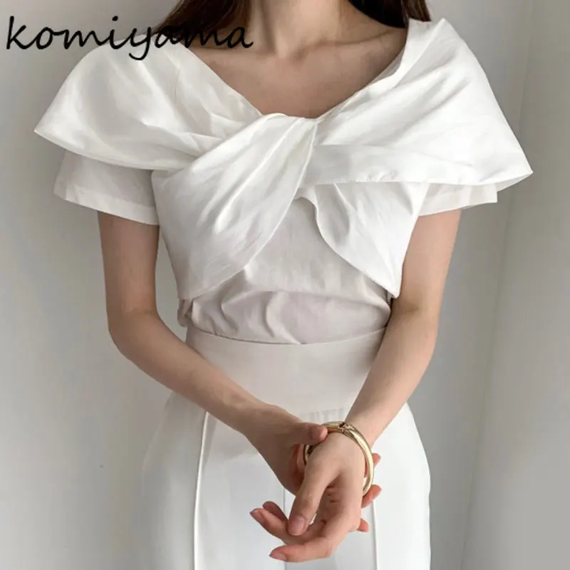 Korean Chic Kink Design Ropa Mujer V-Neck Short Sleeve Camisetas Summer Women 2024 Tops Elegant Fashion T Shirt New Clothes