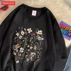 Trend Cotton Women'S T-Shirts Beautiful Flower Clusters Printed Short Sleeve O-Neck Breathable Oversize Summer Female Clothes