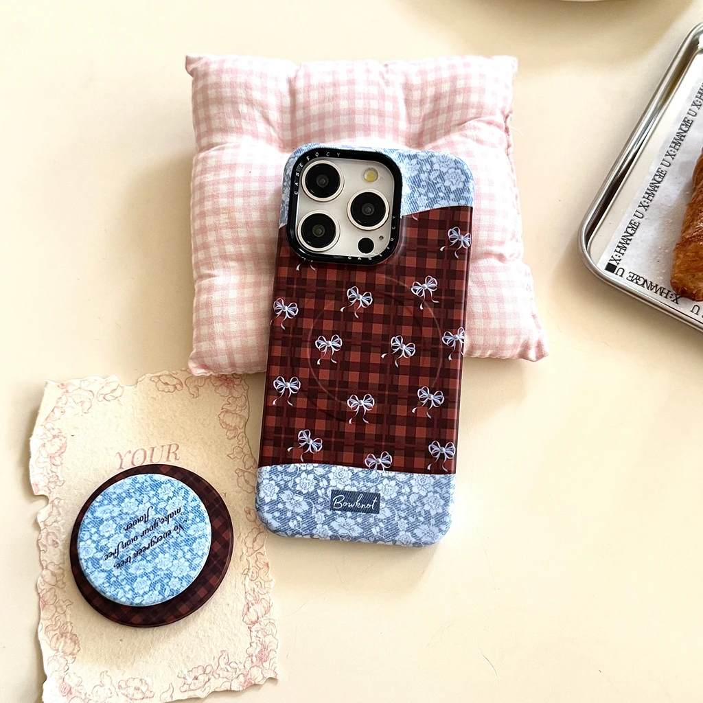 

Retro Brown Grid Pattern Splicing Blue Flower Bowknot With Holder Magnetic Phone Cover Case for iPhone 17 16 15 14 13 Pro Max