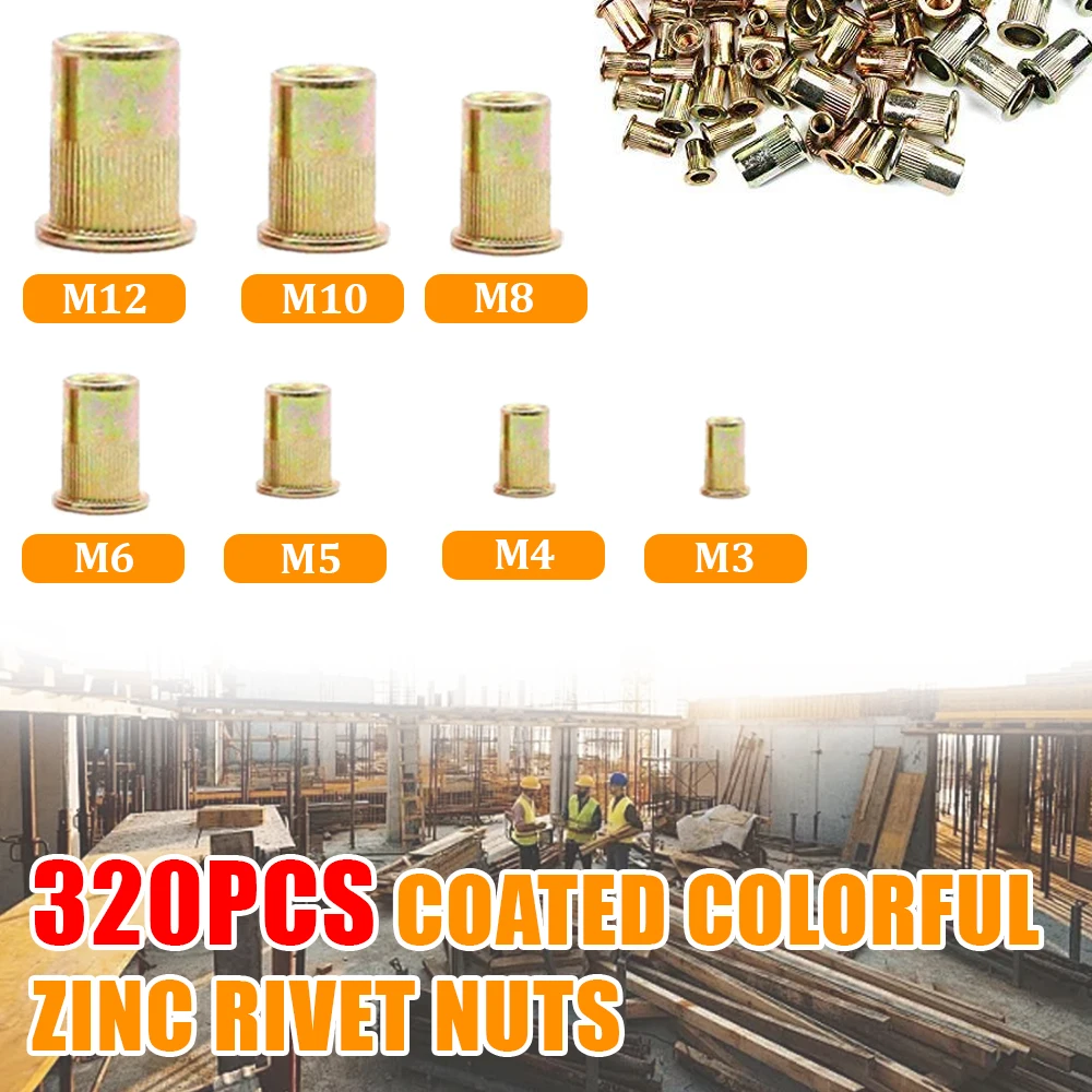 

320 шт. оцинкованная заклепка, гайка в ассортименте M3-M12, плоская головка, вертикальная резьбовая заклепка с накаткой, вставка, гайка, крышка, заклепка Nu Sett