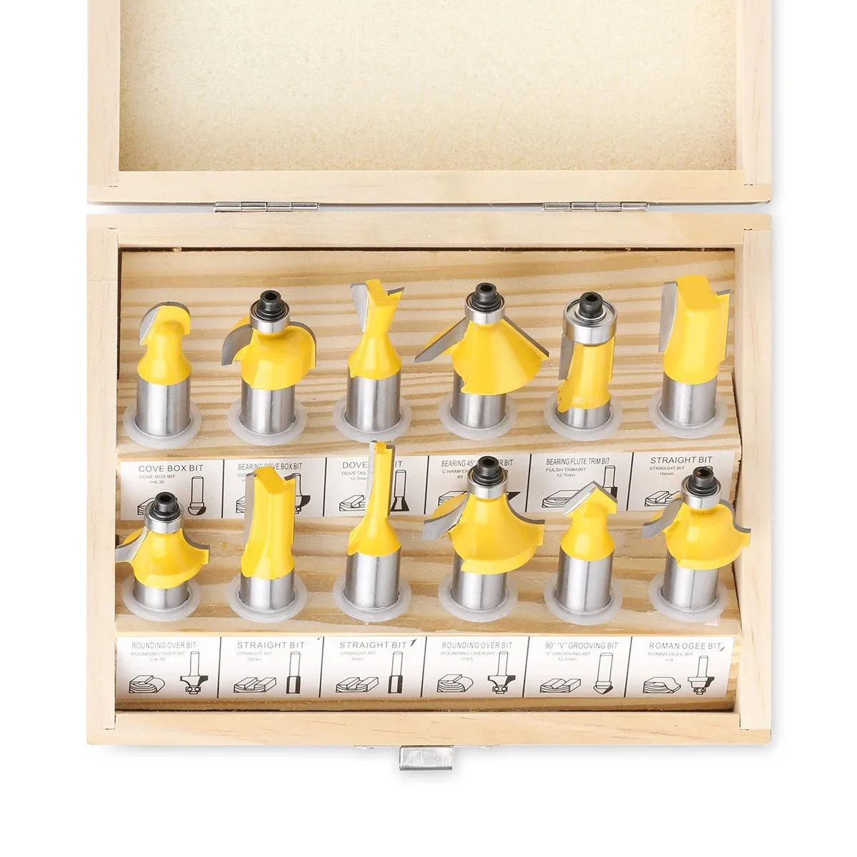 

12pcs 1/4in 1/2in 6mm 8mm Shank Router Bit Set Woodworking Tools Milling Cutter Trimming Straight Corner Beading Bits