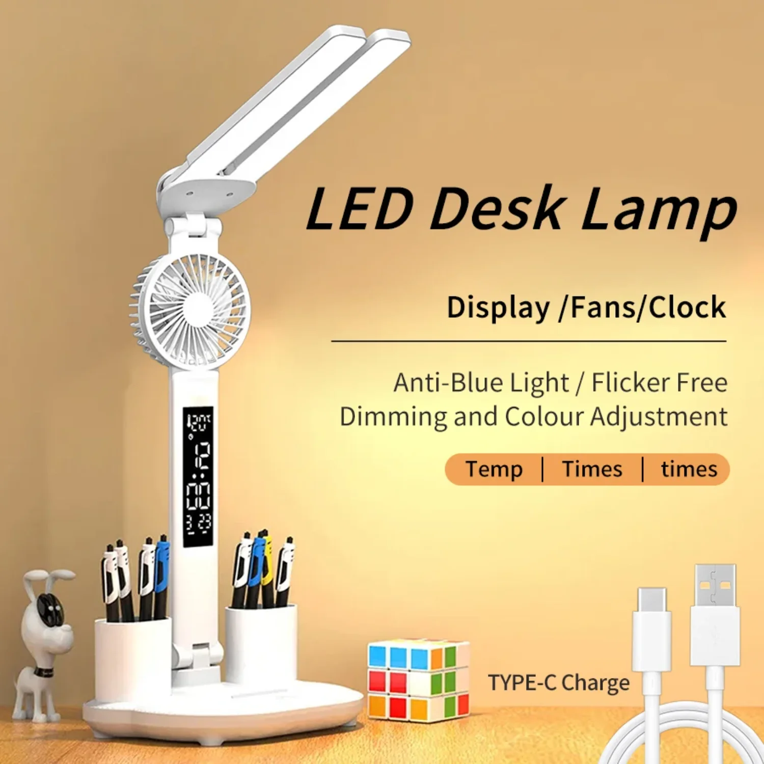 

Foldable Rechargeable Desk Lamp Dimmable Table Lamp Book Reading Light with Fan Clock Dispaly Eye Protection Reading Lamp