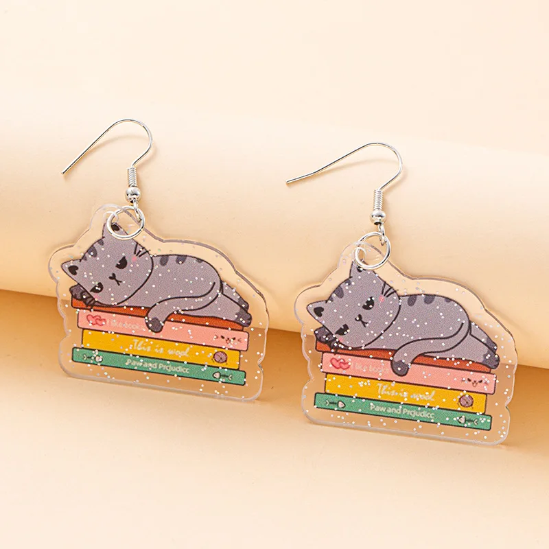 Earrings for Women Acrylic Little Cat Book Charms Drop Earring Jewelry Transparent Glitter Student Teacher Gift