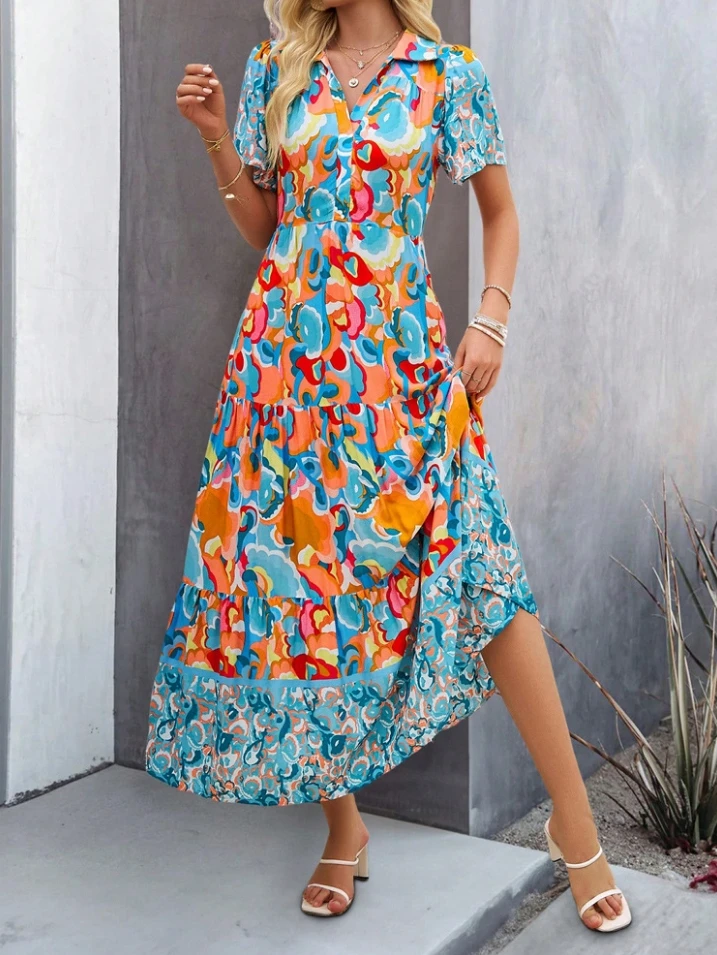 Spring and Summer Casual Collar Multi-Color Printed Dress Short Sleeved Fashionable High Waist Slim Fit Loose Long Skirt