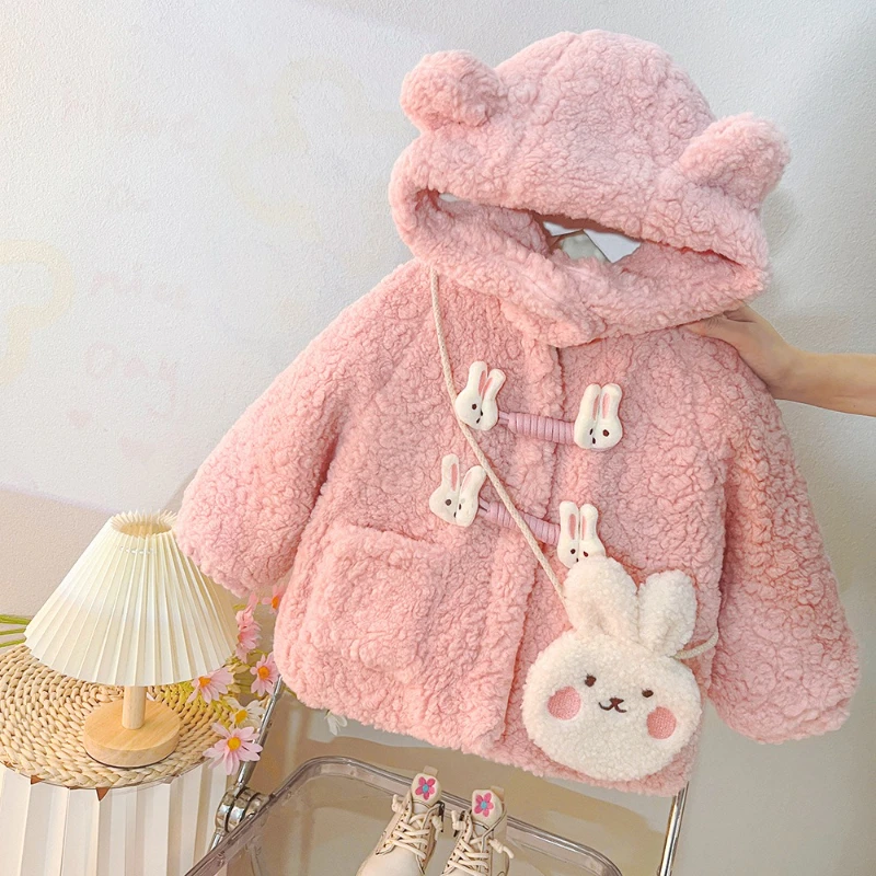 

2025 Autumn and Winter New Children's Lamb Wool Solid Color Little Rabbit Button Hoodie