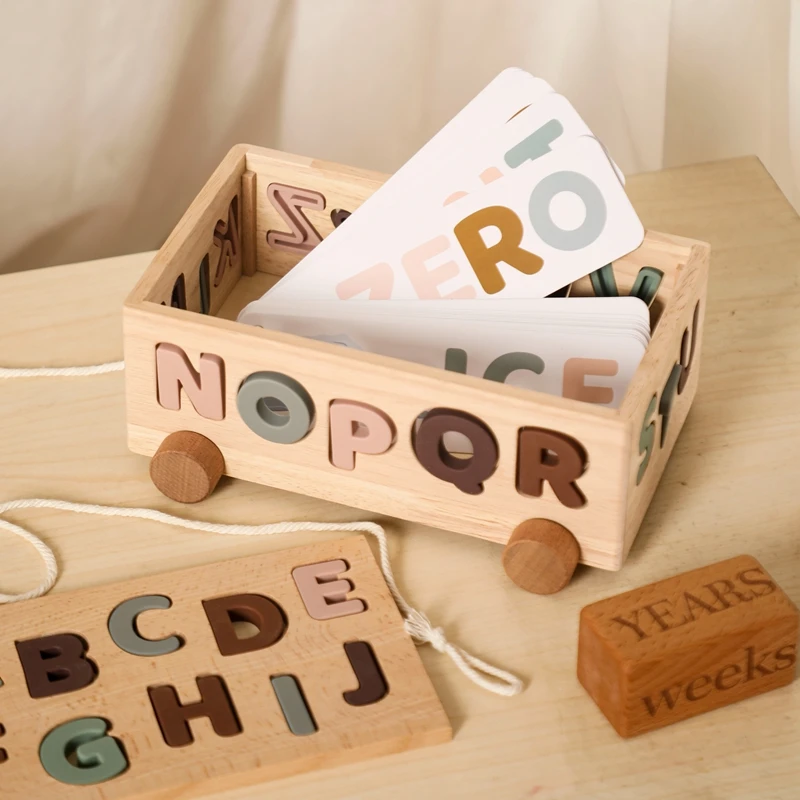 

Baby Alphabetic Cognition Multifunctional Toy Car Wooden Stack Toy Block Montessori Hand-on Ability Educational Child Block Gift