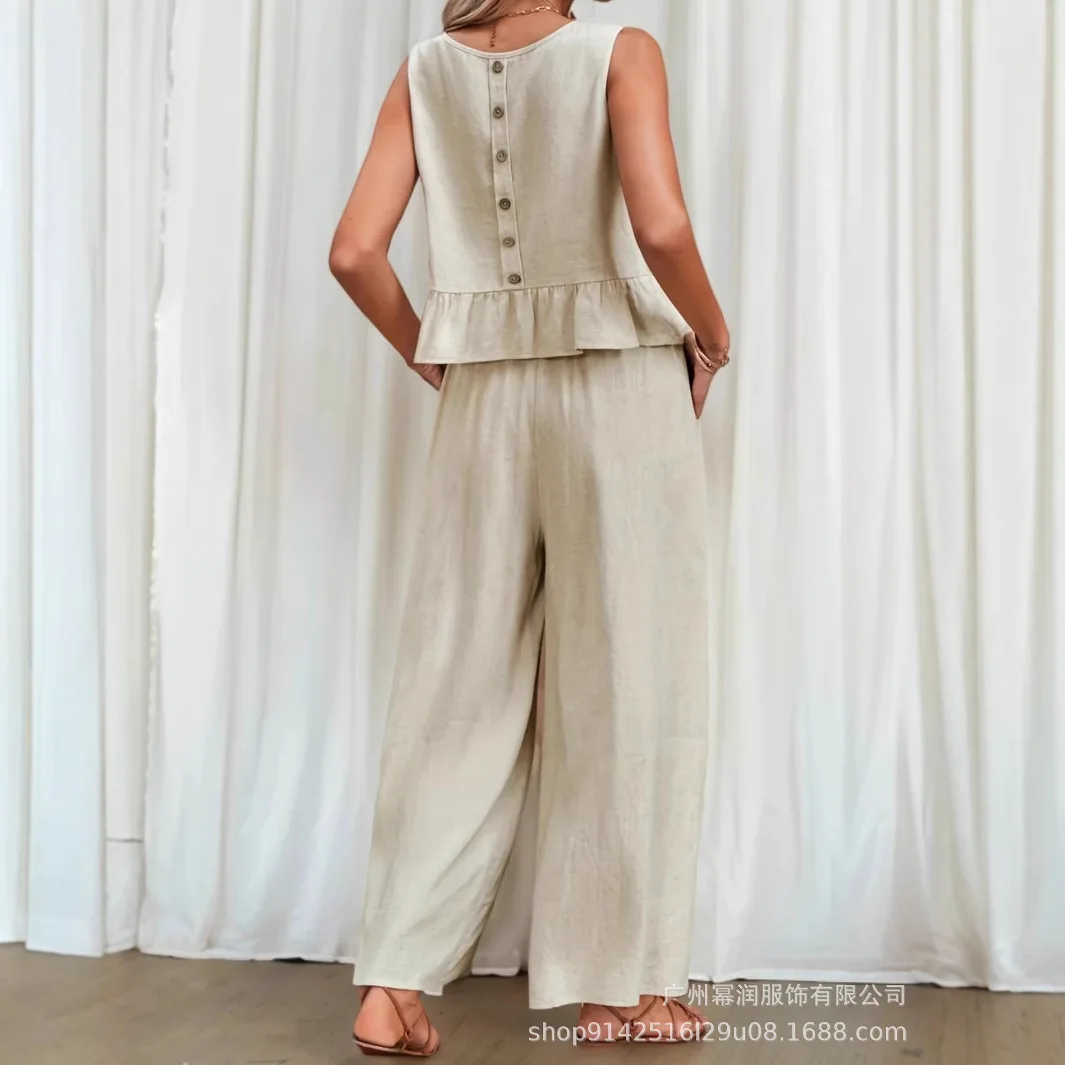 

Fashionable Pleated Sleeveless Shirt + Wide-leg Pants Two-piece Sets Women Solid Color Summer Casual Loose Top Trousers Women