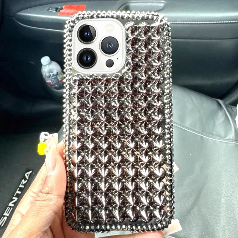 Fashion Full Metal Punk Spikes Studs Rivet Black Diamond Case Cover For Samsung Galaxy S25 24 23 22 21 20 Plus Note 20 Ultra FE