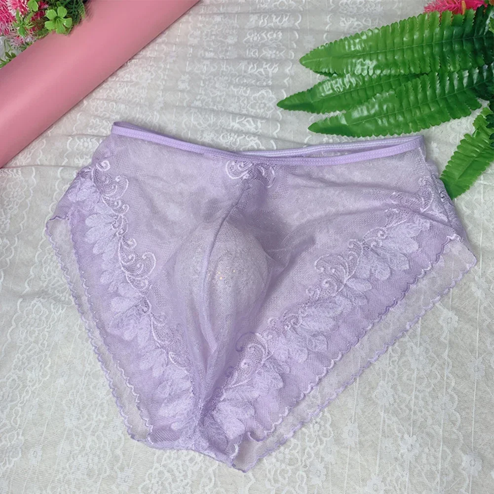 Sexy masculino sissy briefs calcinha de biquíni de renda completa sem costura sólida roupa interior macia tanga malha pura elasticidade g-string