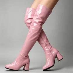 Women Pink Patent Leather Over The Knee Boots Chunky Heel Platform Side Zip Sweet Lolita Y2K High Heel Long Boots