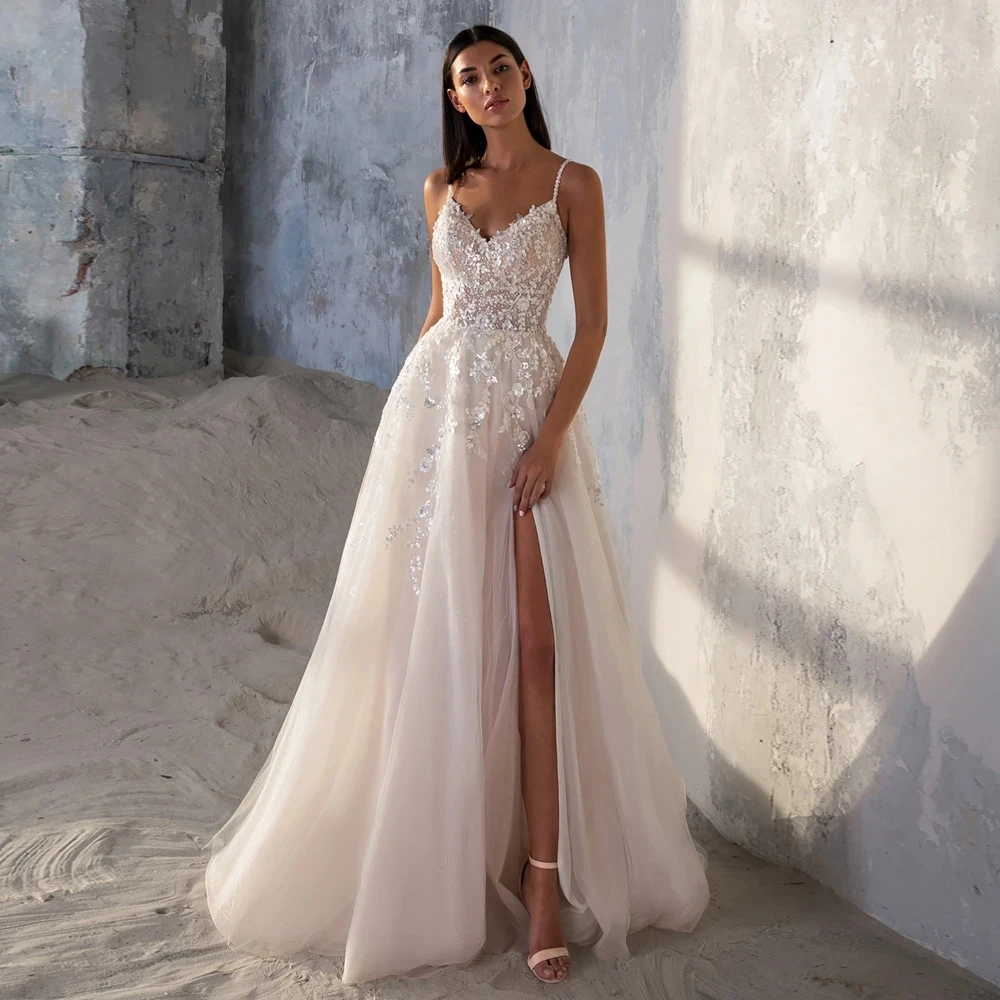 

Sexy Wedding Dresses Spaghetti Straps V Neck Sequined Lace High Slit Soft Tulle Bridal Gowns Backless Robes De Mariée Customized