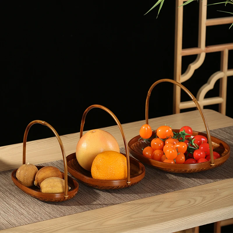 

Chinese Style Handmade Washable Bamboo Antique Basket Round Oval Fruit Plate Tea Cake Tray Storage Box Set