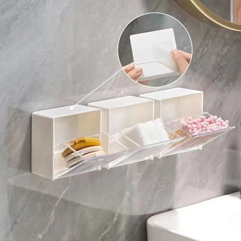 Caja de almacenamiento con tapa para colgar en la pared, para guardar hisopos de algodón, maquillaje, pequeños objetos de joyería, organizador de baño, accesorios para el hogar.