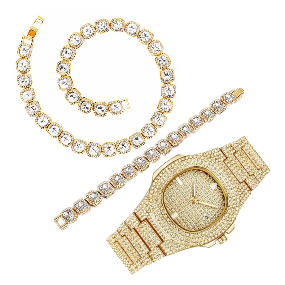 3 pçs iced out relógio + pulseira + colares para homens mulher casal relógio de ouro link correntes bling jóias conjunto para relógios masculinos reloj