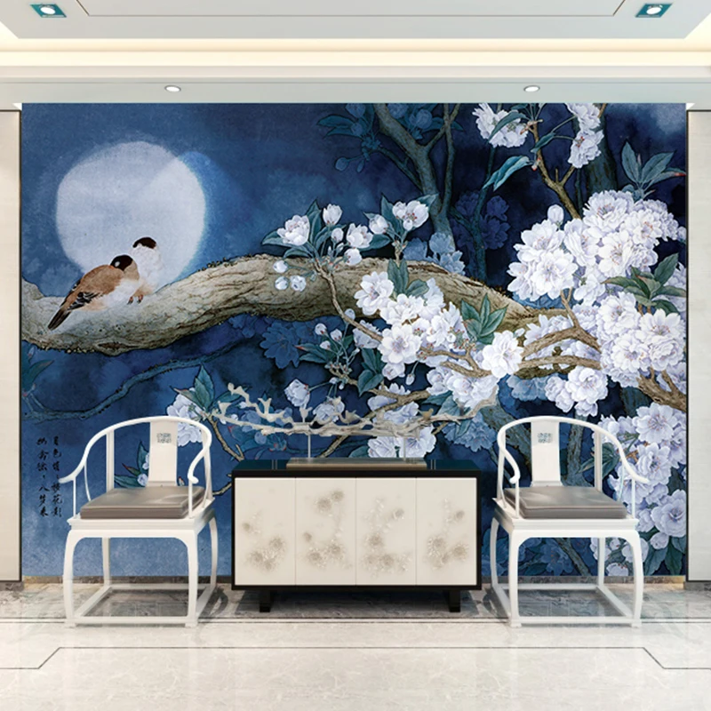 Customized wallpaper 3D new Chinese style meticulous flower and bird murals, study and living room hand painted retro background