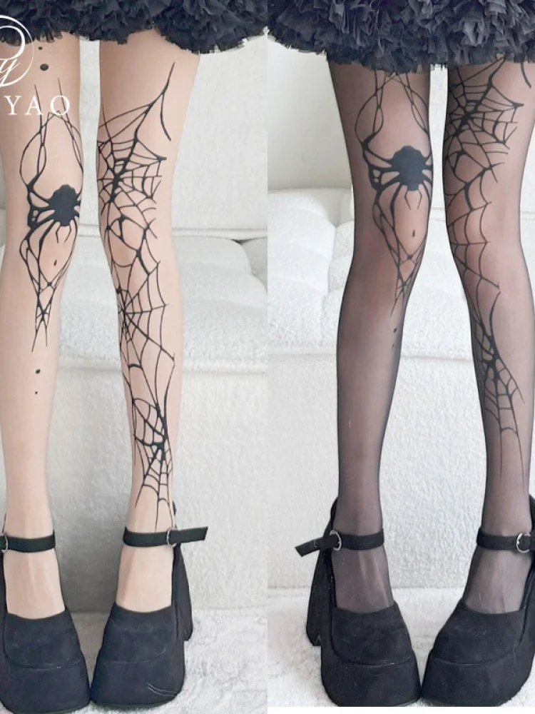 Hot S Spider Web Print Stoings Tattoo Thin Bla Silk Panhose Halloween Cosplay Base Layer Strumpfhosen Damen Freizeithosen