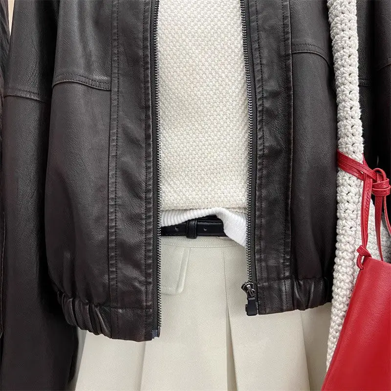 Edgy-Sweetเสื้อแจ็คเก็ตรถจักรยานยนต์ผู้ชายVINTAGE PUหนังW/Stand COLLAR & Cropped Fit-ผู้หญิงฤดูใบไม้ผลิฤดูใบไม้ร่วง 2025 BIKER Essentials