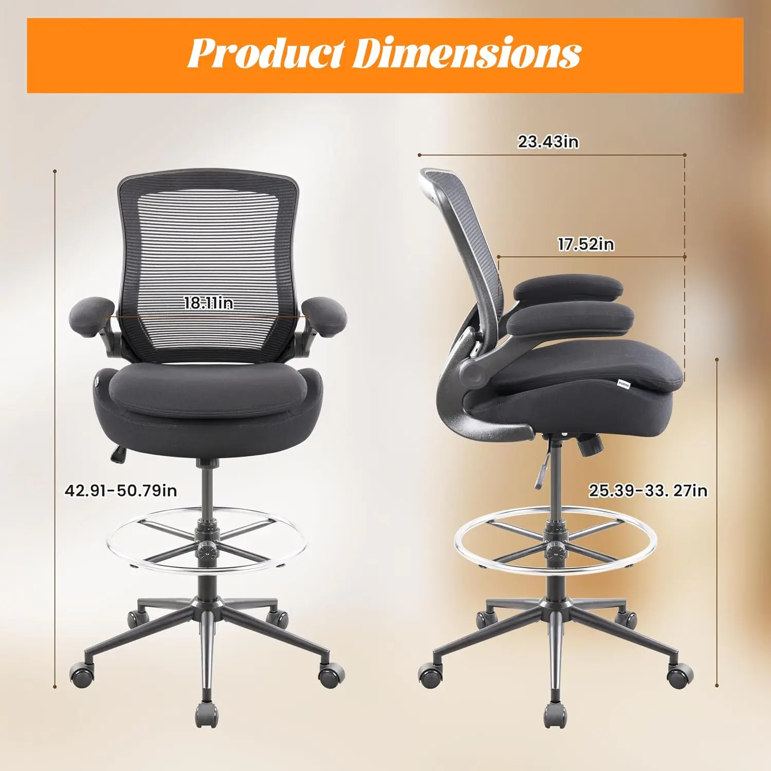 Ergonomic Mesh Drafting Chair for Standing Desk, Adjustable Foot Ring & Flip Arms, Double Cushion, Customized