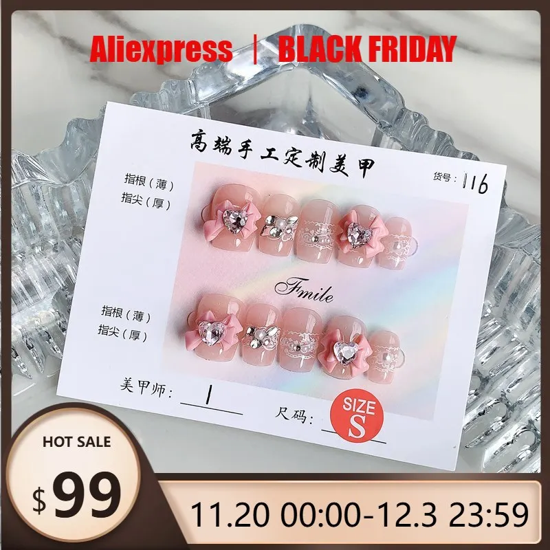 

10pcs Handmade Press on Nails Pink Bow Heart Diamond Short Ladder Full Coverage Nail Tips for Women&Girl Removable Wearable Nail