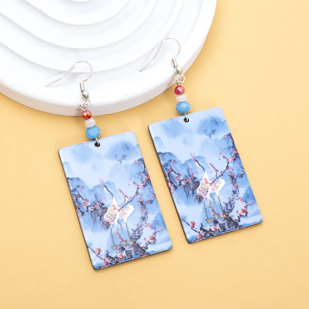 Fashion Crane Flower Mountain Relievo Print Blue Acrylic Earrings For Women Vintage Style Aesthetic Trend 2025 Elegant Jewelry