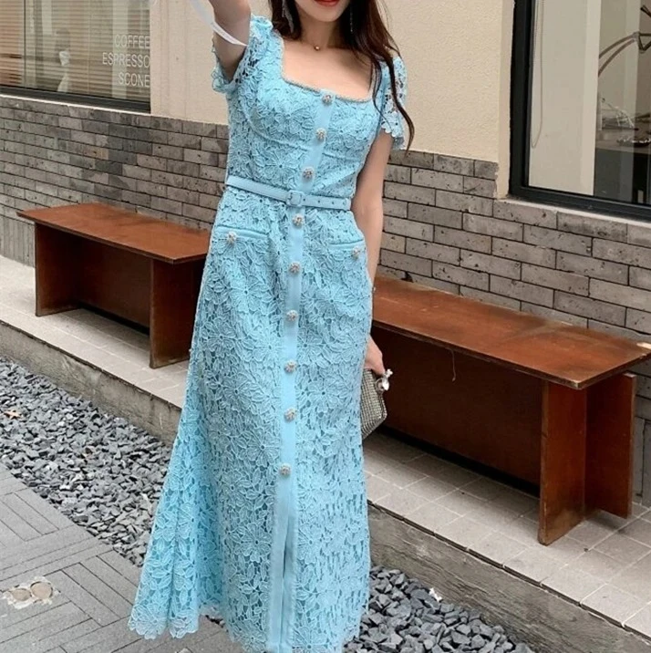 

2025 Summer New Blue Floral Lace Women Midi Dress Short Sleeve Square Collar Belted Party Dress