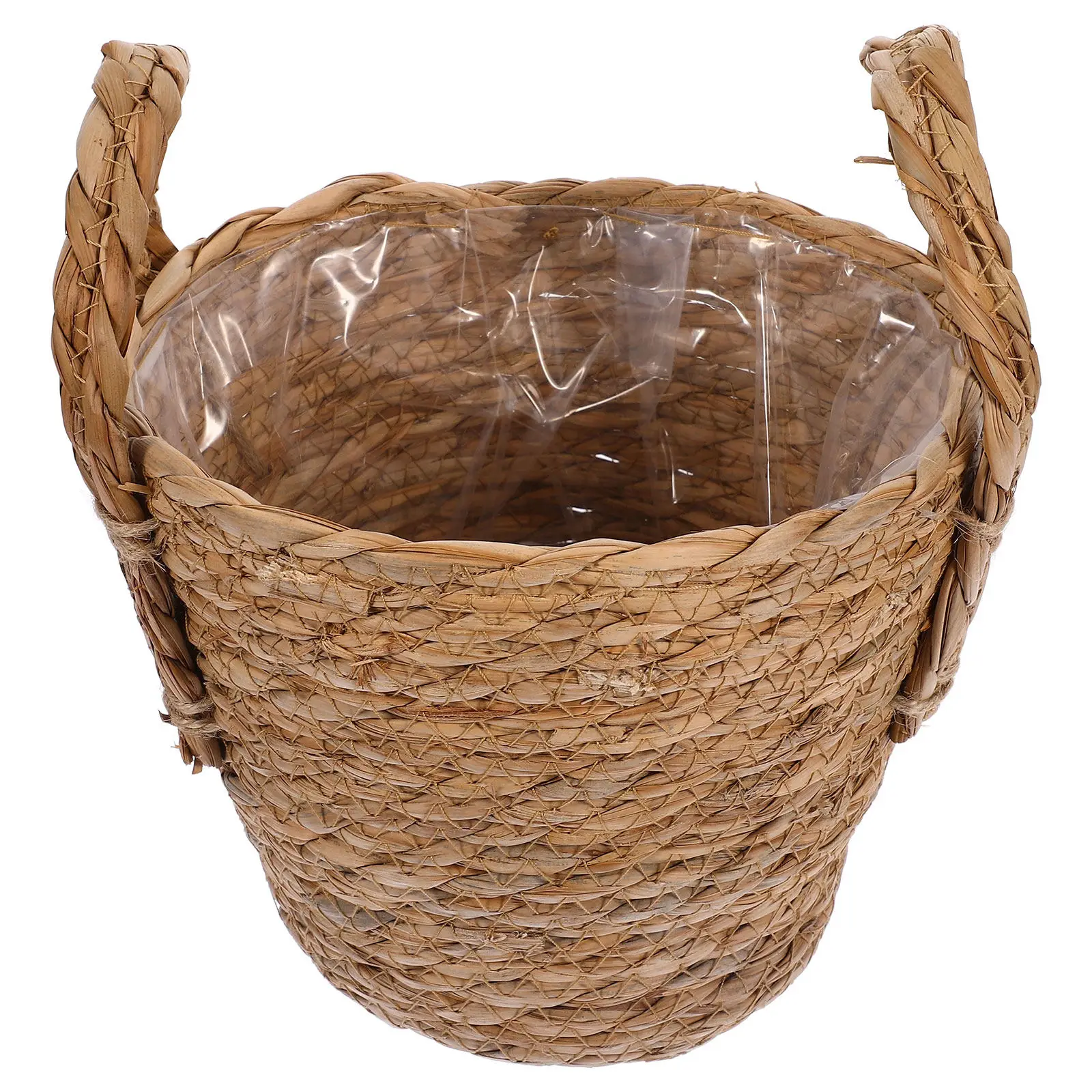 1Pcs Creative Seagrass Flowerpot Tall Planters Basket with Handle Leakproof Interior Liner for Cabinets Countertops Shelves 16Cm