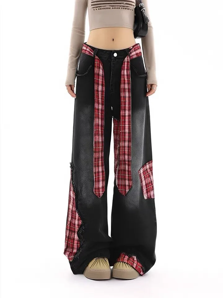 Vintage Black Patchwork Plaid Bow Y2k Jeans Women Streetwear American Retro Slim Fit Denim Pants High Waist Black Trousers