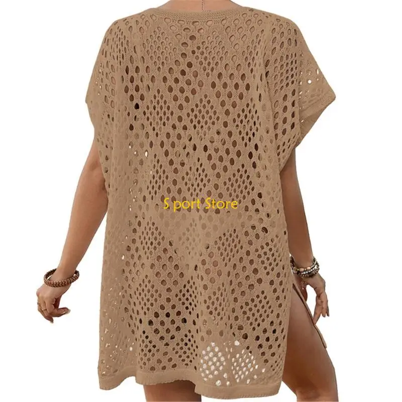 U2JB Costume da bagno donna sexy con scollo a V e manica corta, abito corto da spiaggia all'uncinetto, costume da bagno