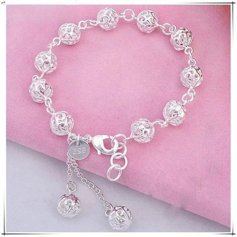 

Браслеты из стерлингового серебра 925 пробы, тонкая цепочка с полыми шариками для женщин и мужчин, подарки на свадьбу, вечеринку, Рождество, модные украшения