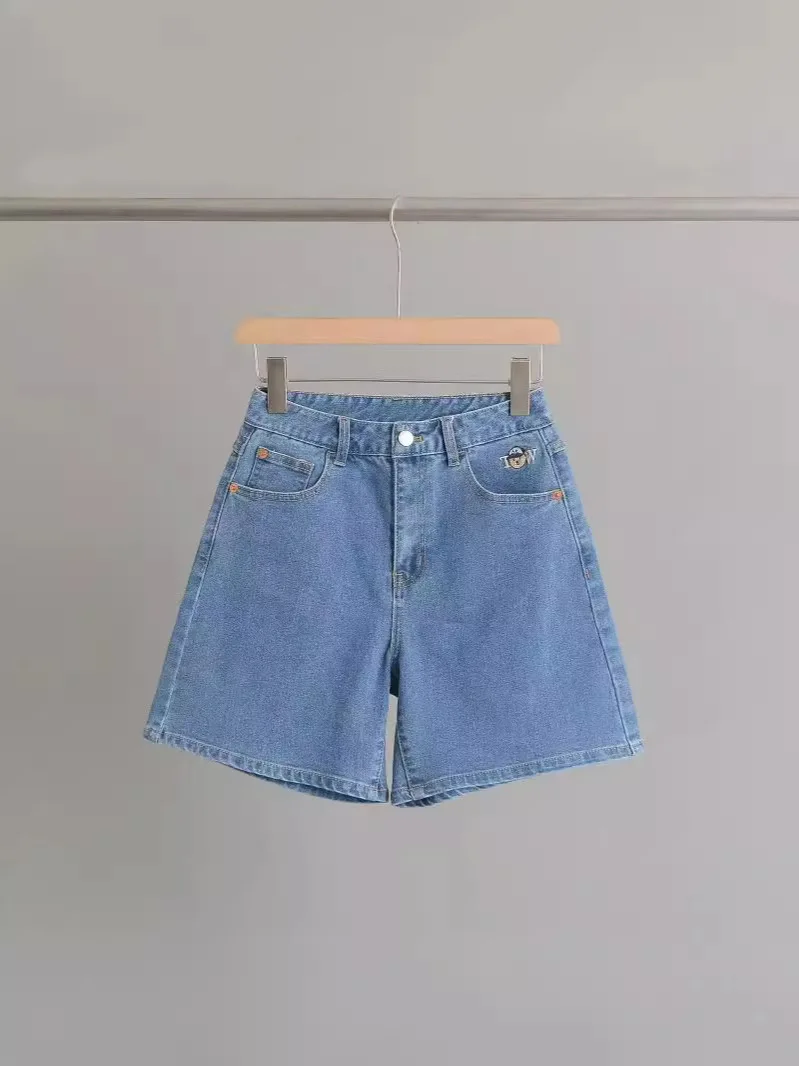Cruise 2025 Celana Pendek Jeans Cuci Retro Longgar Kasual Universitas Wanita Baru Jeans Pinggang Tinggi Celana Pendek Denim Longgar Bordir Kartun