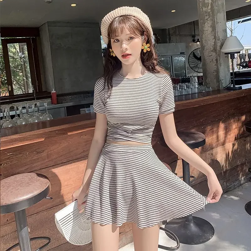 Bikini Setss Women Chic Striped Sweet Girls Beach Style Summer Casual Swimwear Vacation Comfortable Lace-up Simple Ulzzang Daily