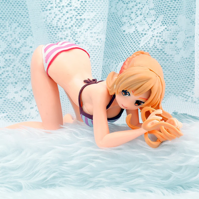 Anime Sword Art Online Asuna Sexy Girl PVC Figure Model Striped Kneeling Swimsuit Phone Holder Fans Collectible Toy Doll