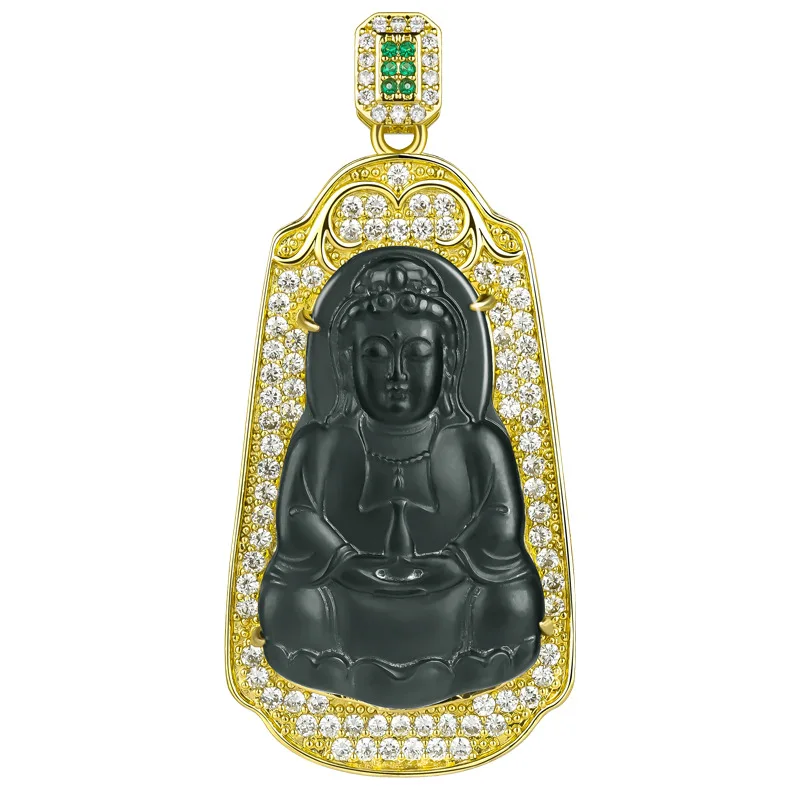 Unique Natural Hetian Jade Sapphire Bottle Guanyin Bodhisattva Copper Gold Plated Inlaid Unisex Pendant Gifts