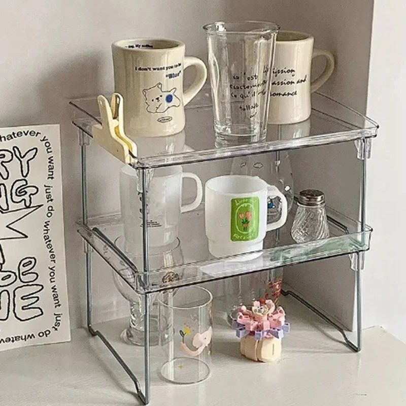 2PCS Transparent Desktop Shelf, Cup Holder, Foldable Shelf, Bathroom Shelf, Kitchen Spice Boxs Holder Easy Install