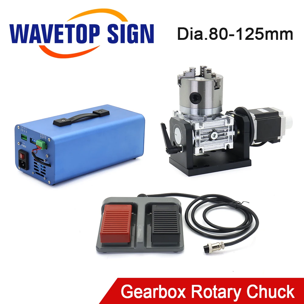 WaveTopSign Gearbox Rotary Worktable Chuck 80mm 100mm 125mm dengan kotak kontrol untuk serat Laser menandai mesin las